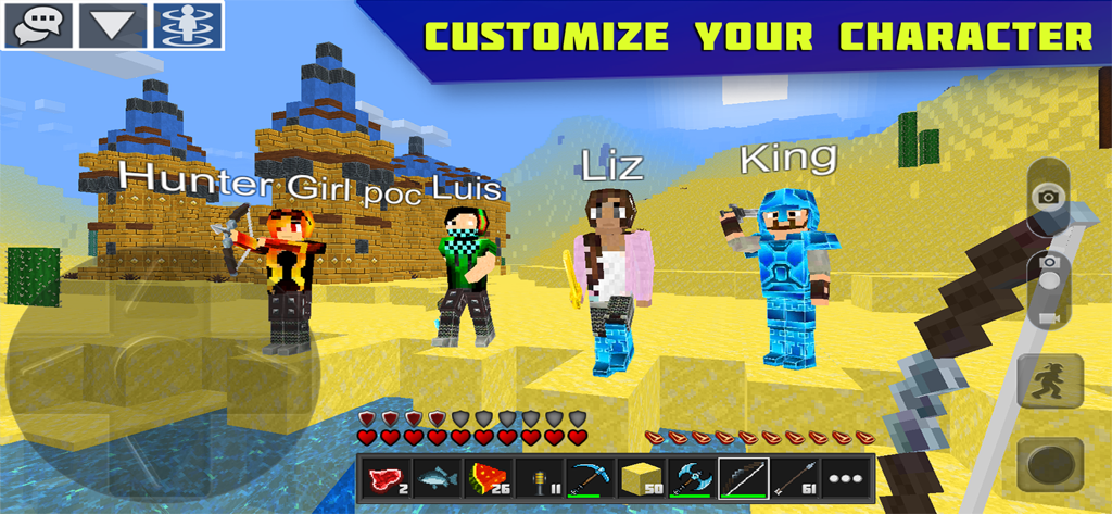 Cuatro jugadores mostrando sus skins y armaduras personalizadas en un mundo desértico de bloques en Planet of Cubes