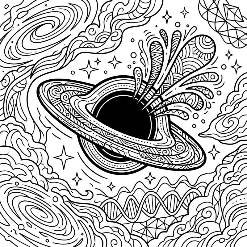 Unravel the enigma of the universe with this captivating Hawking Radiation black hole coloring page. Designed specifically for seniors, its clear lines and intricate cosmic details offer both relaxation and a stimulating creative outlet.