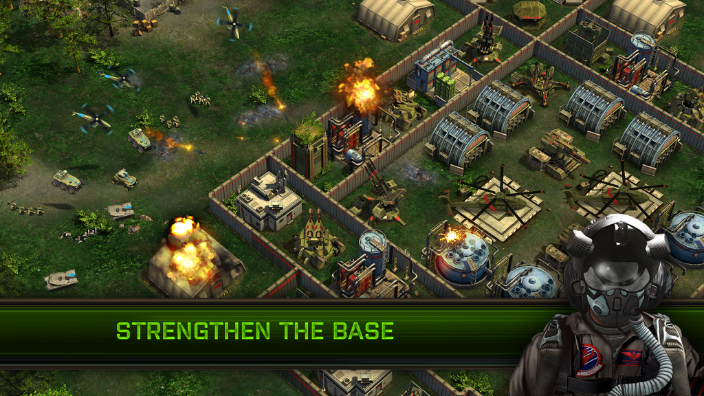 Arma Mobile Ops - Top-down view of military base defense with helicopters and explosions in Arma Mobile Ops strategy game