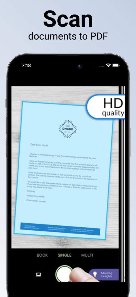 PDF document Scanner :Doc Scan - Interfaz de aplicación móvil escaneando un documento a PDF en alta definición