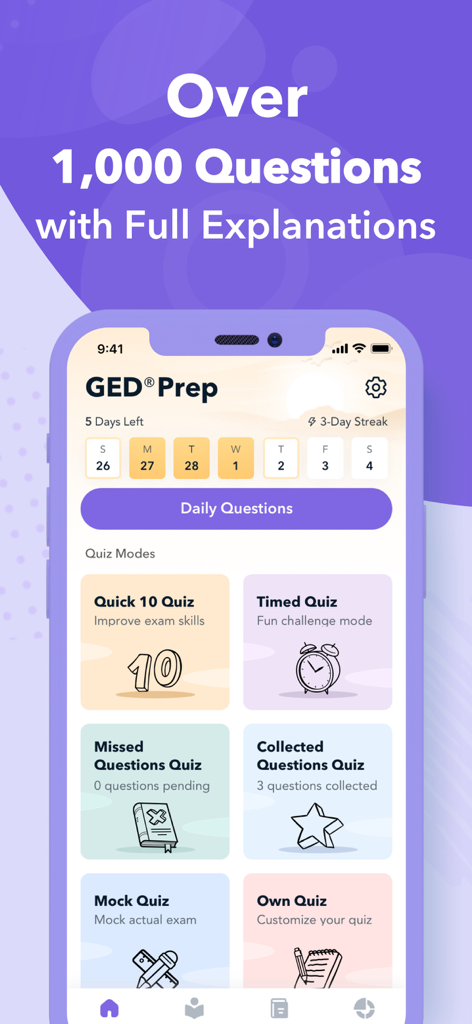 App mobile GED Prep che mostra varie modalità di quiz e domande di pratica