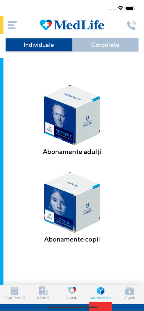 MedLife - MedLife mobile app interface showing adult and children healthcare subscription options