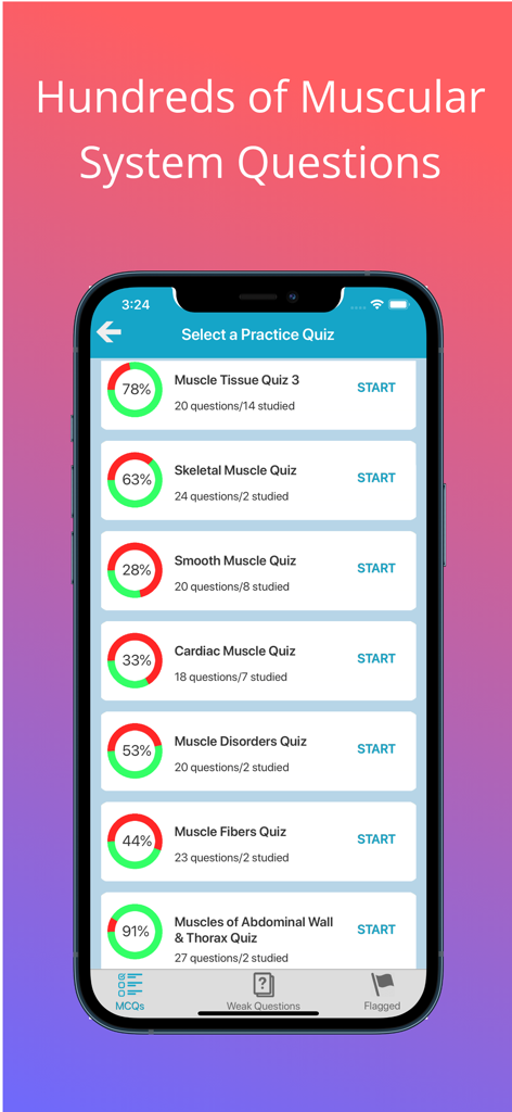Mobile app screen showing a list of anatomy quizzes with progress tracking for muscle tissues, fibers, and skeletal muscles.