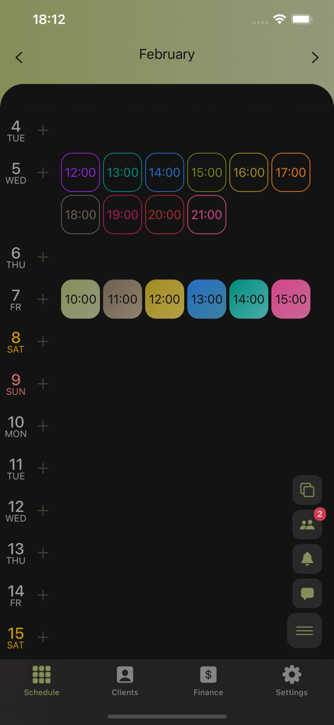 Check In Beauty - scheduler - Mobile App-Oberfläche von Check In Beauty, die einen Kalender mit farblich gekennzeichneten Termin-Zeitschlitzen für Beauty-Profis zeigt