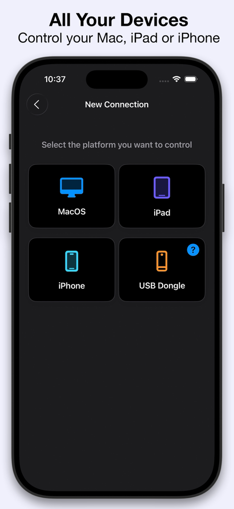 Pantalla de la aplicación Mando Bluetooth Mobile Mouse mostrando opciones para conectar y controlar MacOS, iPad, iPhone o un Dongle USB.