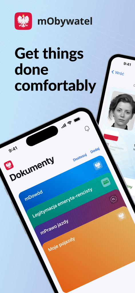 mObywatel - mObywatel app screen displaying digital Polish identity and driving license cards