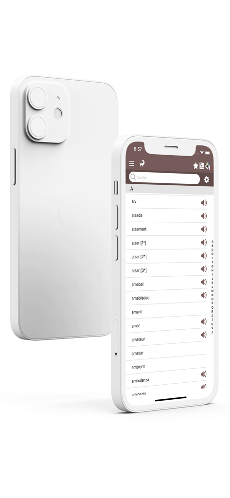 Interface de l'application de dictionnaire romanche-français montrant une liste de mots avec des icônes de prononciation audio sur un smartphone blanc.