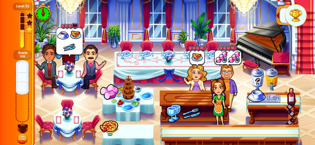 Delicious: Mansion Mystery - Captura de pantalla del juego de Emily sirviendo comida a invitados en un lujoso salón de baile de mansión