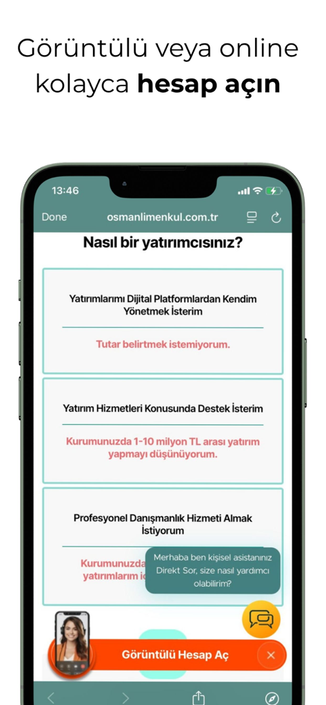 Osmanlı Mobil - Osmanli Mobil app screen for selecting investor type and opening an account.