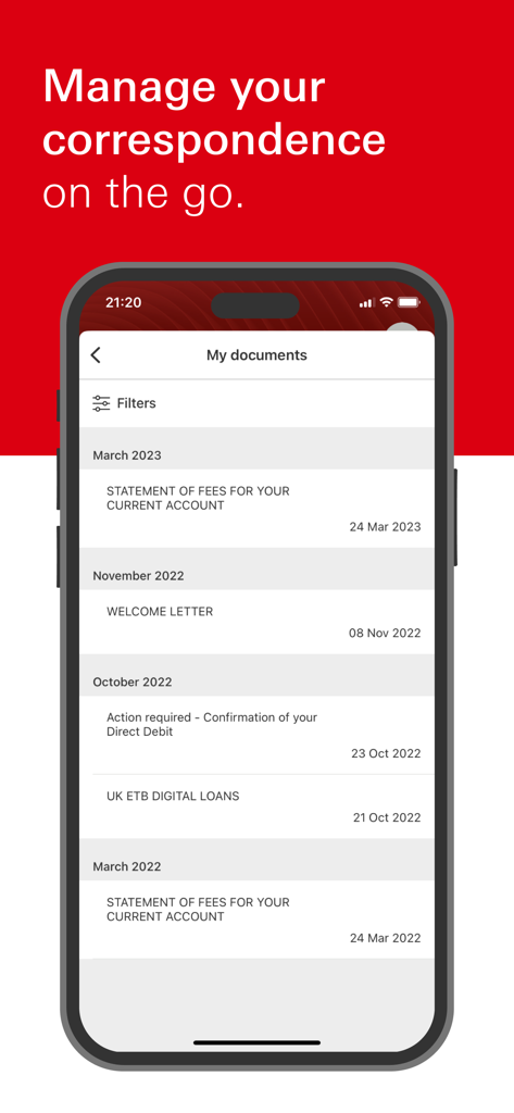 HSBC CI & IoM - HSBC mobile app screen showing a list of bank documents and correspondence