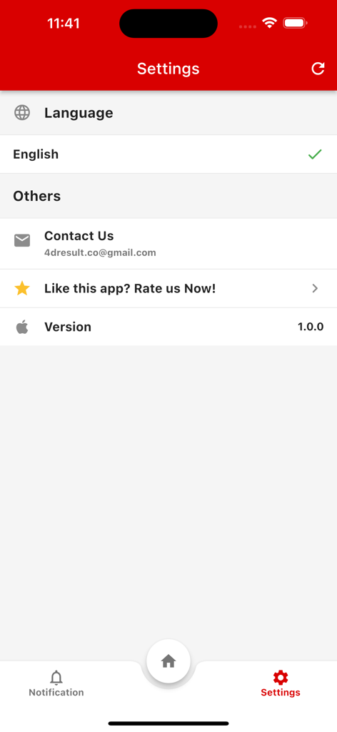 Settings screen of the 4D2U Live app showing language selection and contact information.
