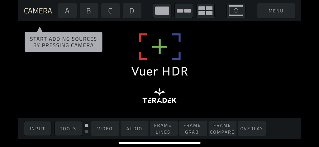 Interfaccia dell'app Vuer HDR di Teradek con selezione sorgente telecamera e strumenti di monitoraggio video professionali