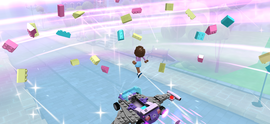 A character from LEGO Friends Heartlake Rush flying a purple jet car and collecting colorful floating bricks.