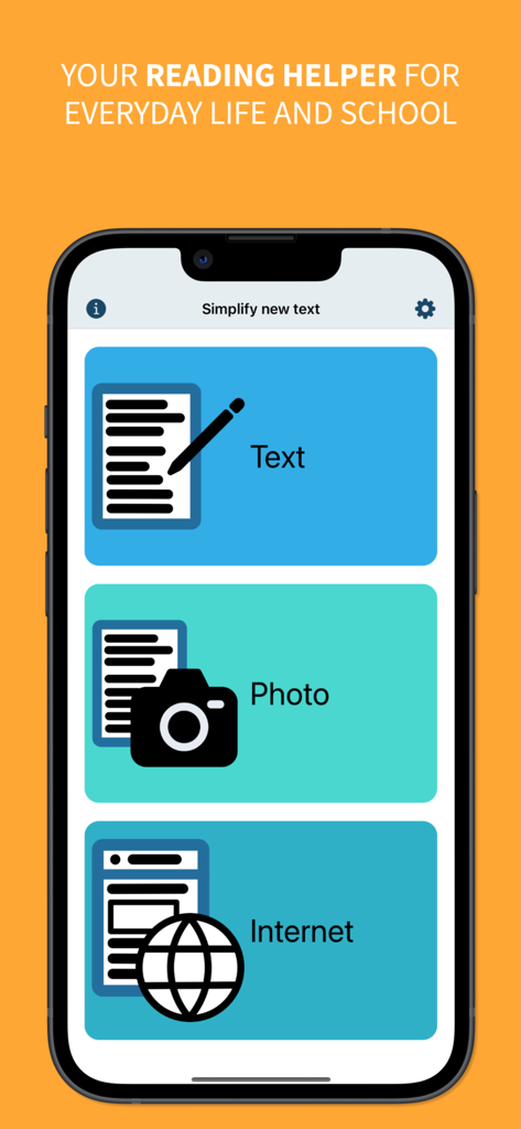 Hauptmenü der Text Simplifier App mit Schaltflächen zum Vereinfachen von Text durch manuelle Eingabe von Fotos oder dem Internet