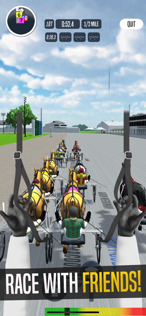 First person view of a competitive harness horse race in the Catch Driver game