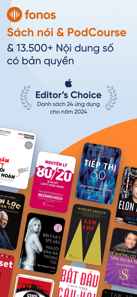 Fonos: Sách nói & PodCourse - Fonos app display showing Vietnamese audiobooks and Apple Editors Choice award