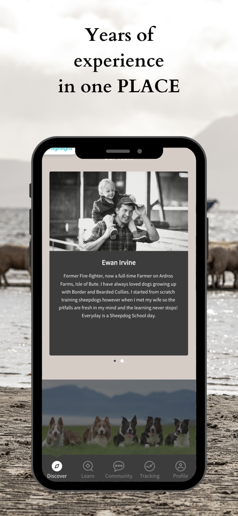Sheepdog School - Sheepdog School app interface showing the profile of trainer Ewan Irvine with a row of herding dogs