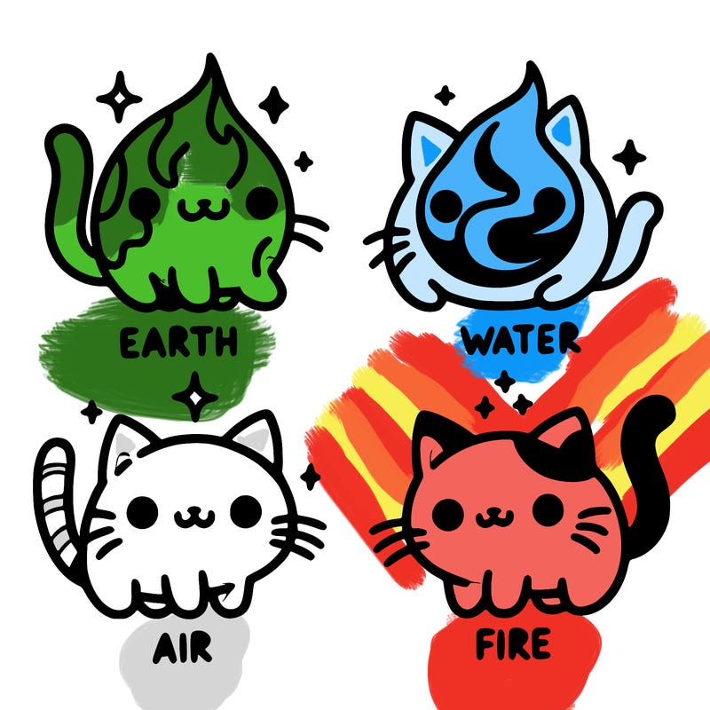 4 cats that represent the different elements, earth, water, air, and fire