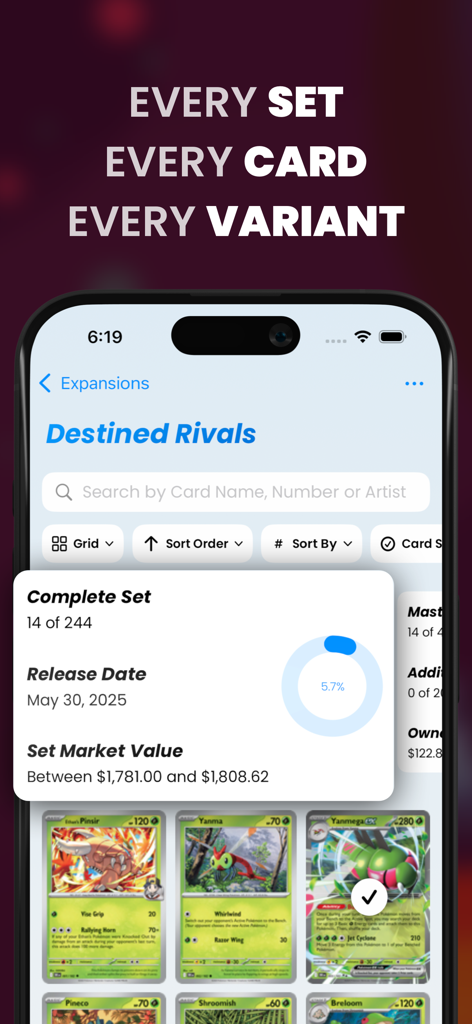 Dex - for TCG Collectors - Mobile screen of Dex TCG app displaying Pokemon card set details and market value