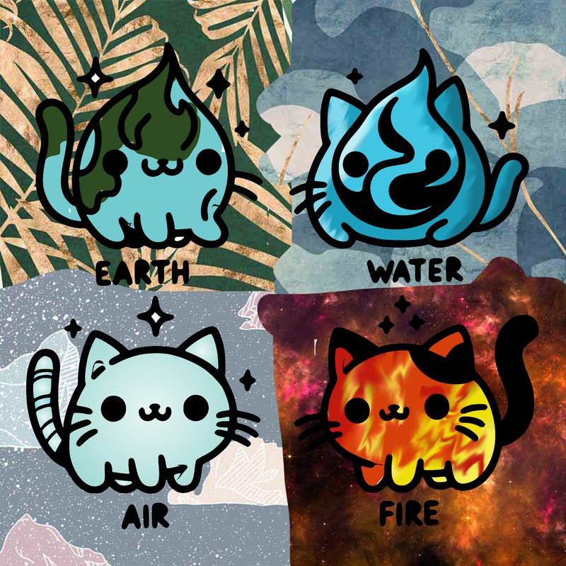 4 cats that represent the different elements, earth, water, air, and fire