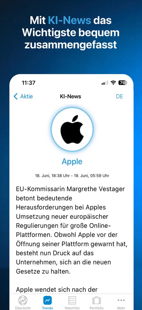 Finanzen100 - Börse & Aktien - A mobile interface of the Finanzen100 app showing an AI-powered financial news summary for Apple stock.