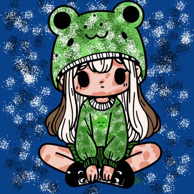 a girl wearing a frog hat and some frog socks