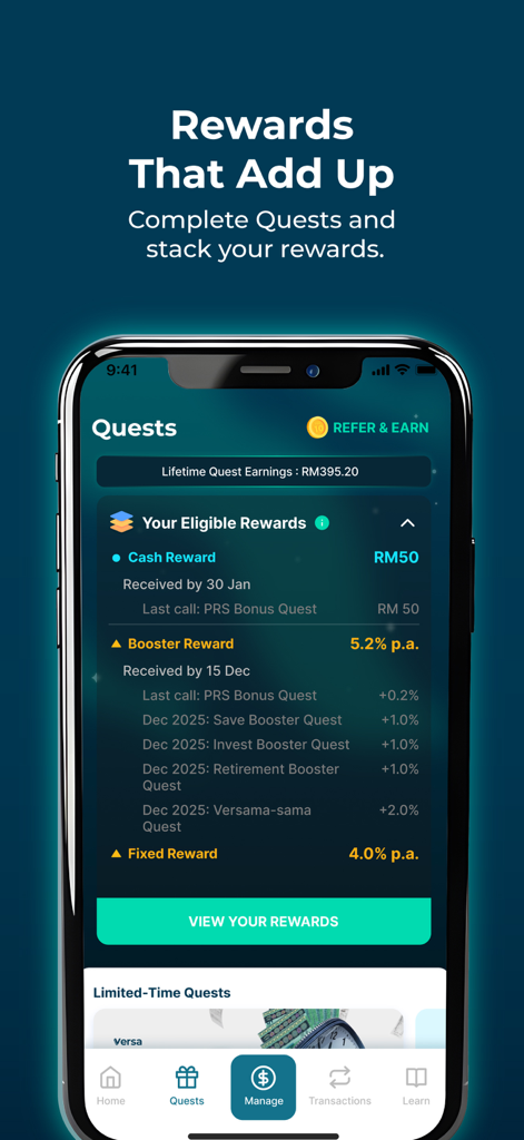 Mobile app screen showing financial rewards and investment quests