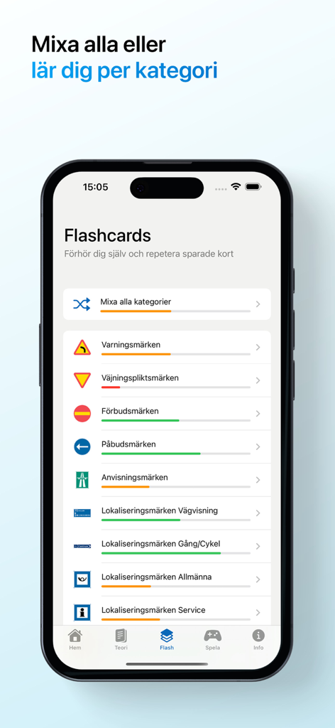 Vägmärken – ta körkort - Flashcards interface of the Swedish road signs app showing sign categories and learning progress bars.