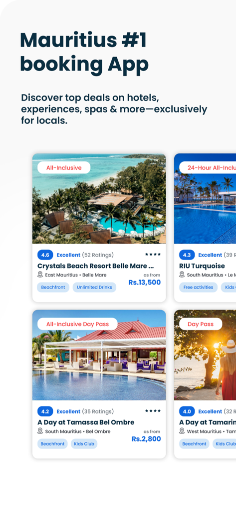 Interfaccia dell'app mobile MariDeal che mostra offerte esclusive su hotel e resort per i residenti di Mauritius