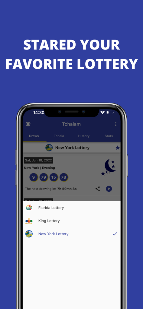 Tchalam - The Tchalam app interface displaying New York Lottery results and a menu to select favorite lotteries.