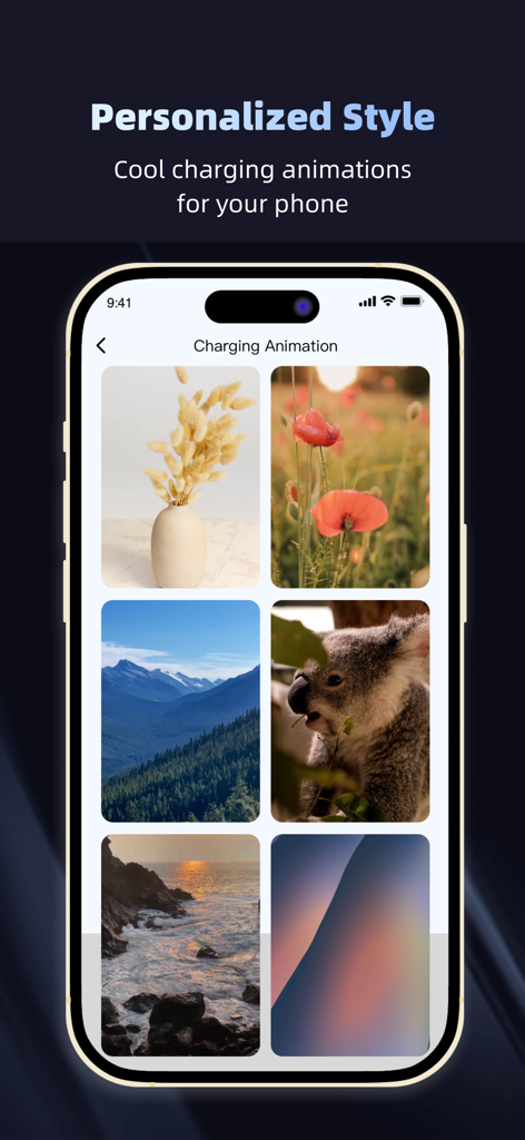 Flux Cleaner-Space Optimize - A gallery of aesthetic charging animations including nature scenes and abstract art within the Flux Cleaner app.
