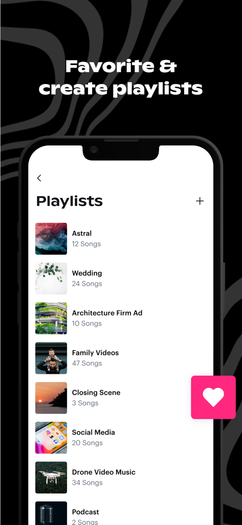 Interfaz de la aplicación móvil Soundstripe mostrando una lista de reproducción de música para diferentes tipos de proyectos de video