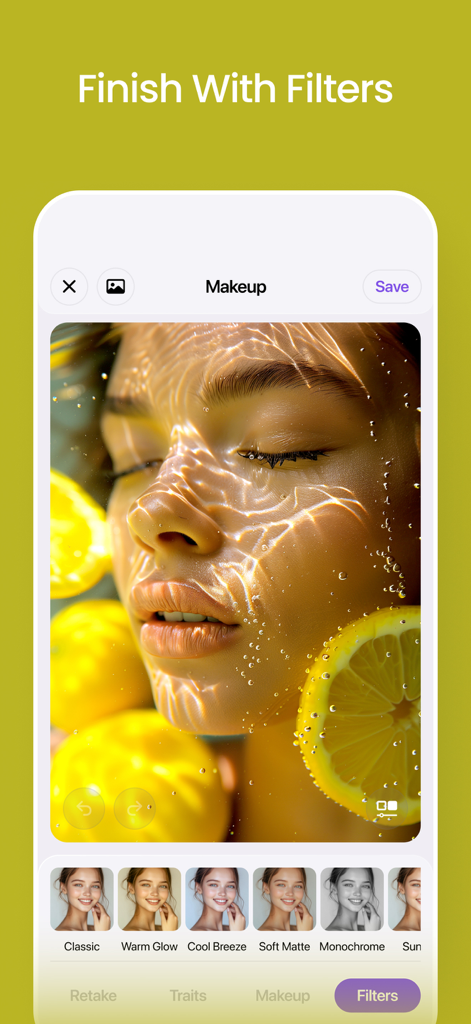 A screen from the AI face and body editor app showing a variety of photo filters like Warm Glow and Soft Matte applied to a portrait