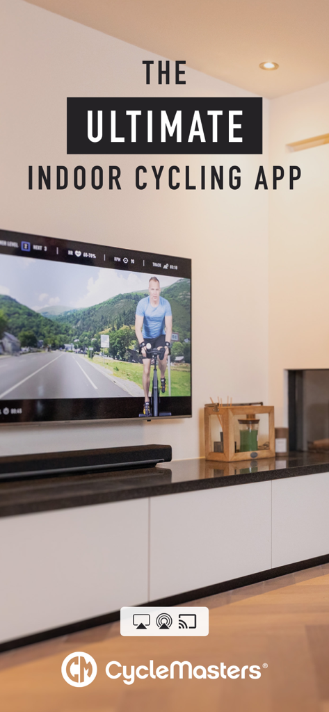 CycleMasters indoor cycling app displayed on a TV screen showing a scenic ride for a home workout