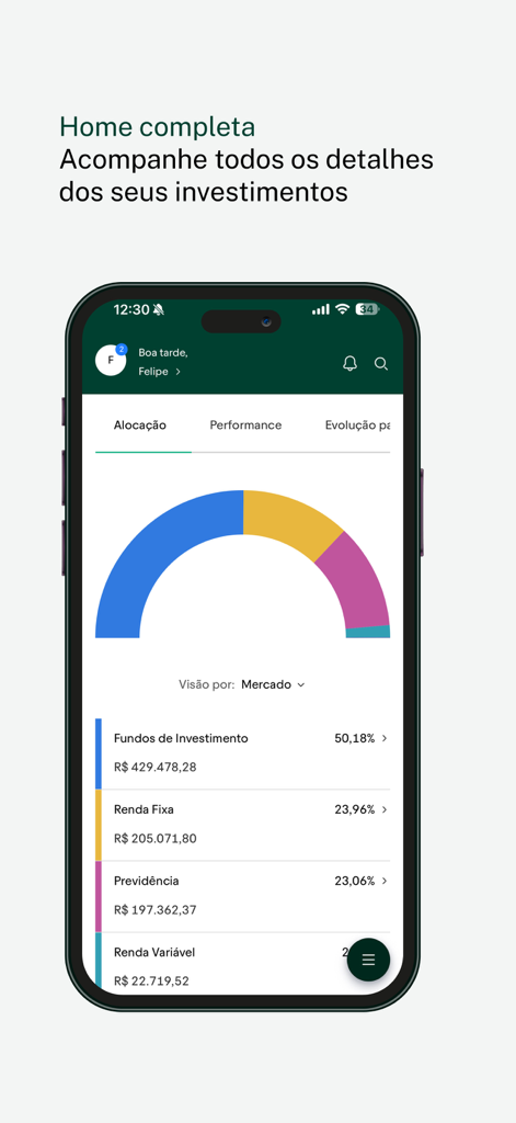 Painel do aplicativo EQI Investimentos mostrando um gráfico semicircular e uma análise detalhada da alocação de ativos de investimento