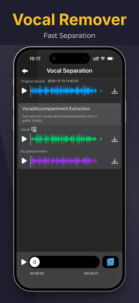 L'interface de l'application Convertisseur MP3 affichant des pistes audio vocales et d'accompagnement séparées d'un fichier son d'origine