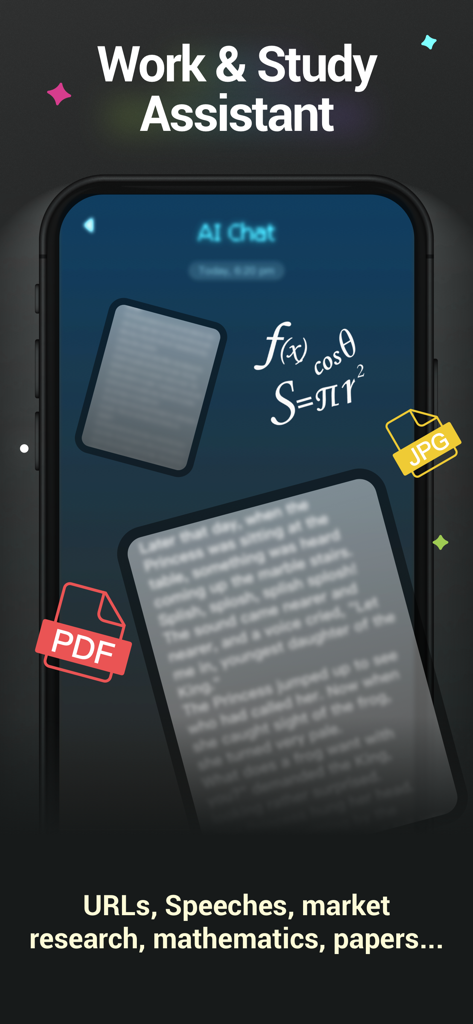 AI ChatBot GPTalk AI Generator - GPTalk AI ChatBot mobile interface showing work and study features for math solving and document analysis