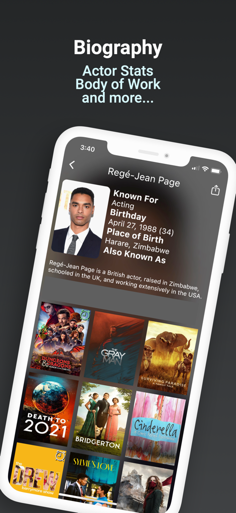BingeWatch - BingeWatch App-Oberfläche zeigt eine Schauspieler-Biografie-Seite mit persönlichen Details und einem Raster von Film- und TV-Serien-Credits