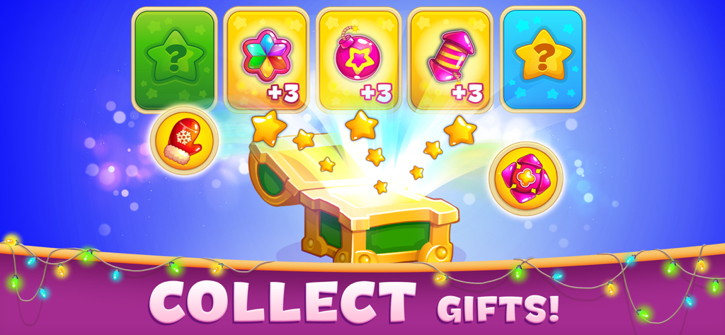 A glowing treasure chest opening with stars and Christmas themed game boosters and the text Collect Gifts