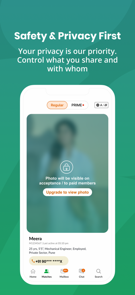 Marathi Matrimony - Shaadi App - Marathi Matrimony app interface highlighting profile privacy and safety features for users.