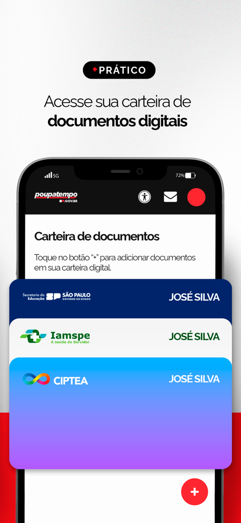 Poupatempo SP.GOV.BR - Pantalla de smartphone mostrando la cartera digital de la aplicación Poupatempo SP con varias tarjetas de identificación