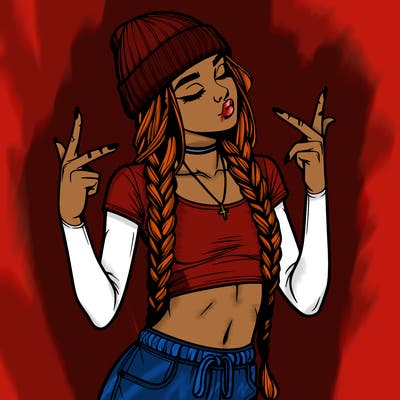 realistic teenage girl with braids and a beanie and crop top doing 🫶🏼