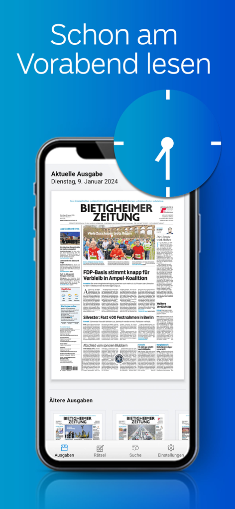 BZ ePaper - BZ ePaper-App zeigt die Titelseite der Bietigheimer Zeitung auf einem Smartphone an