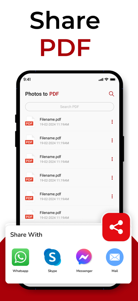 WhatsApp Skype Messenger 및 이메일을 통해 공유할 수 있는 옵션과 함께 PDF 파일 목록을 보여주는 모바일 앱 인터페이스.