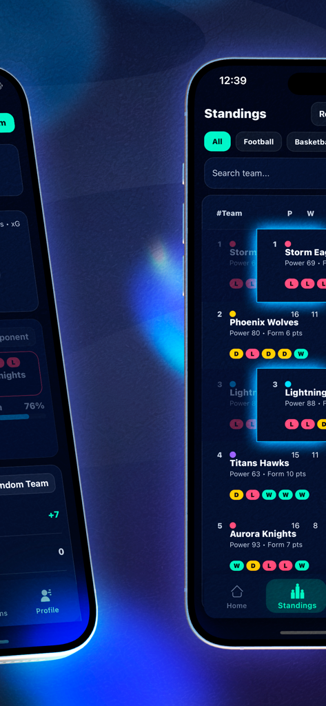 RainGames Hub - Pantalla de clasificación de la aplicación móvil RainGames Hub que muestra una tabla de liga deportiva con nombres de equipos e indicadores de forma