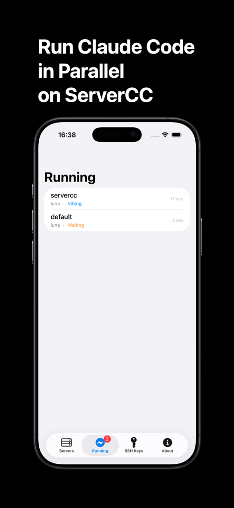 Mobile interface of ServerCC displaying parallel Claude Code execution tasks.