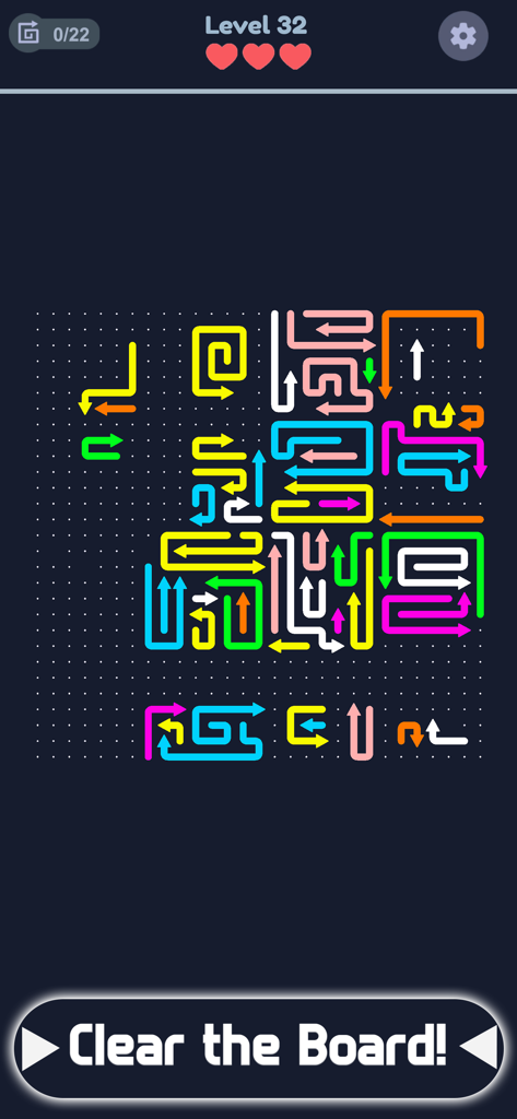 Arrow Escape: Maze Puzzle - Jugabilidad de Arrow Escape Maze Puzzle que muestra flechas de neón de colores en una cuadrícula de lógica con el botón 'Clear the Board' (Limpiar el tablero)