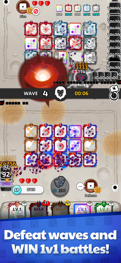 Una batalla PvP 1v1 en tiempo real en Random Dice Defense mostrando la fusión de dados y la jugabilidad de defensa de oleadas.