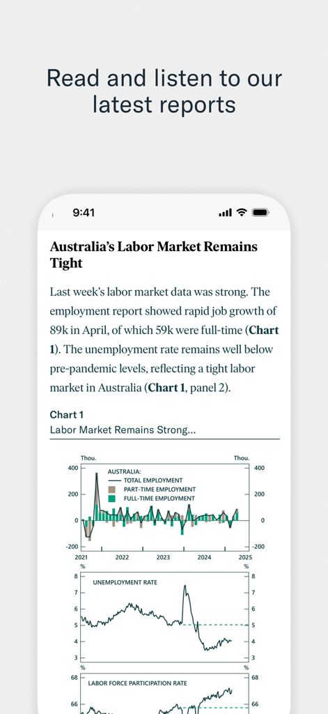 Interfaz de aplicación móvil que muestra un informe de investigación financiera detallado con gráficos económicos