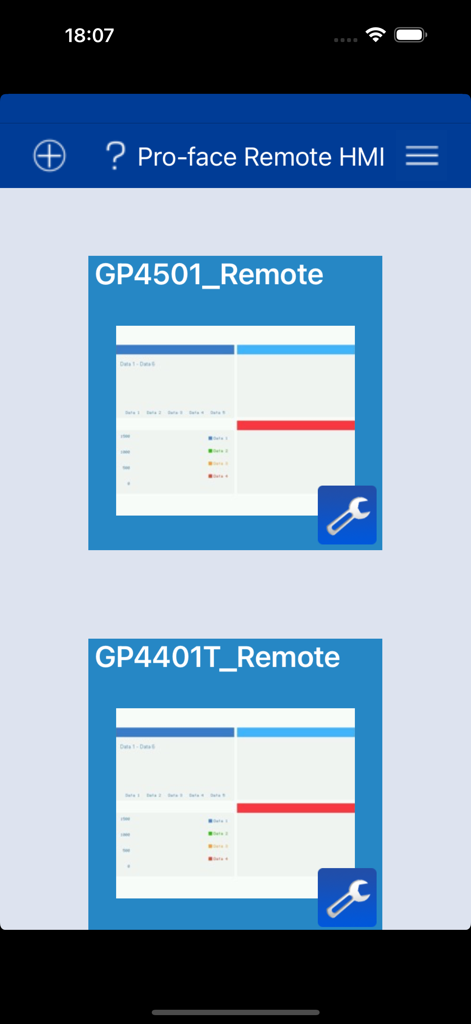 Pro-face Remote HMI - Pro-face Remote HMI 앱 인터페이스로 연결된 산업 제어 장치 목록을 보여줍니다.